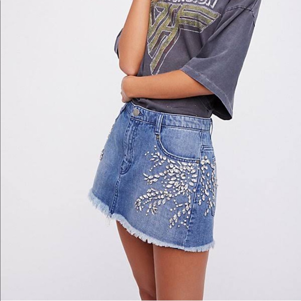 Free People Rhinestone Denim Skirt
